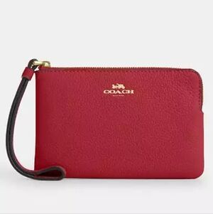 Coach Corner Zip Pebbled Leather Wristlet in Red And Gold